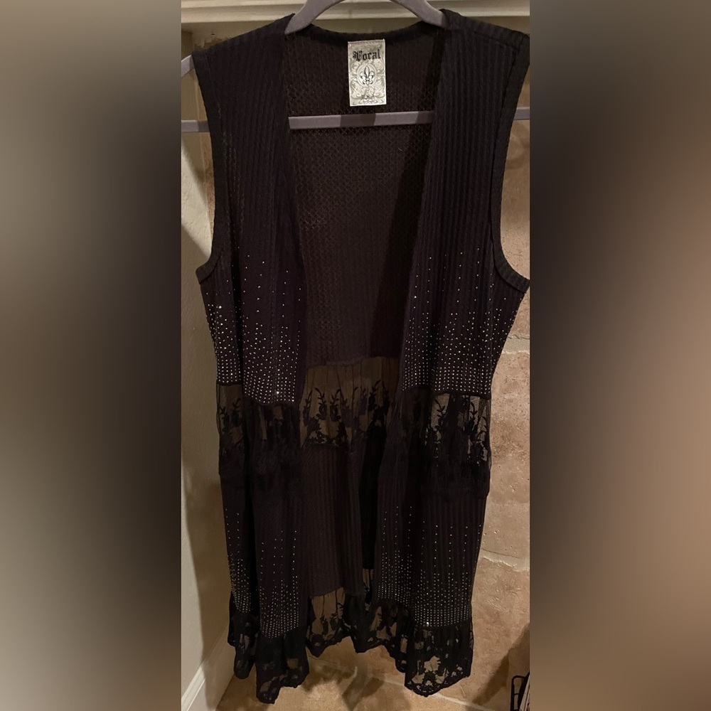 NWOT VOCAL mixed media lace ribbed studded vest ala cardigan Stevie Nicks OS